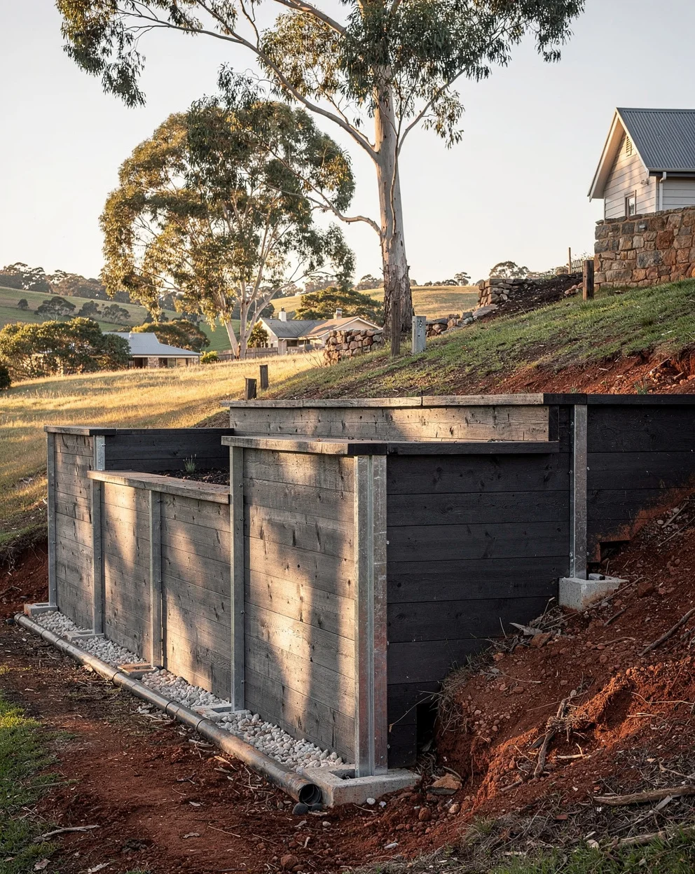 A new concrete-sleeper retaining wall raked along a sloping Adelaide Hills backyard, drained behind