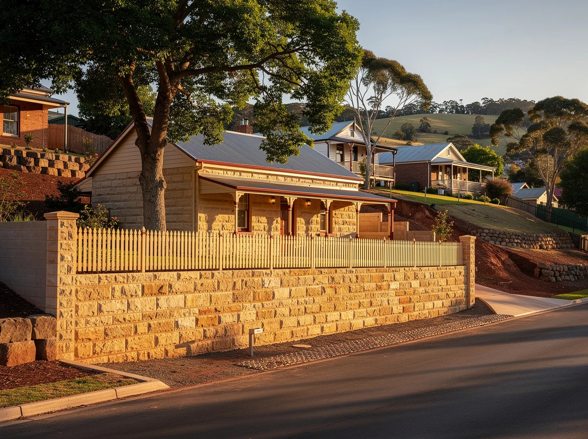A finished hand-laid natural sandstone feature retaining wall along the front of a heritage Hahndorf cottage