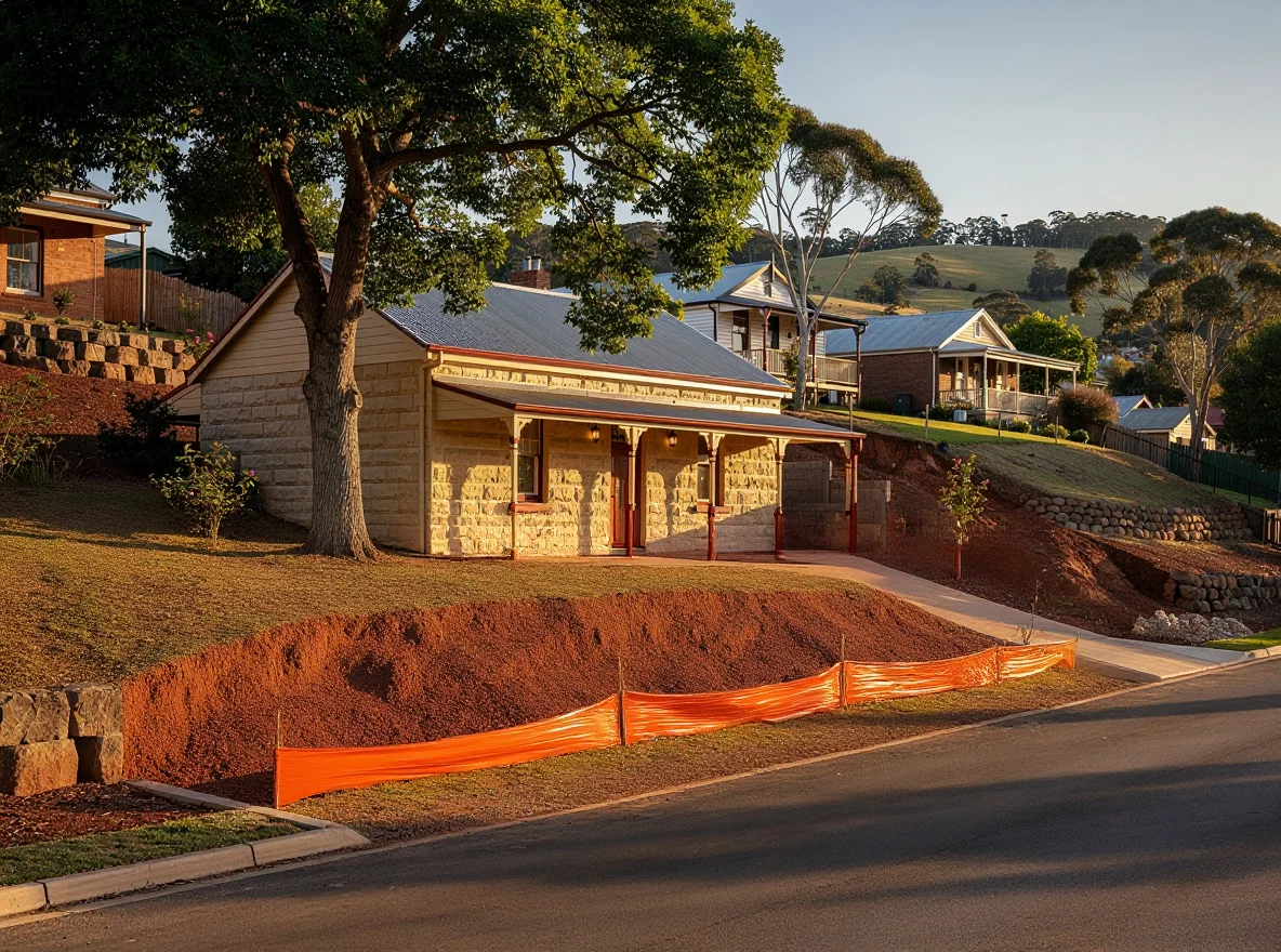 The same Hahndorf street frontage before the wall, bare grass and clay slope set out for the sandstone build