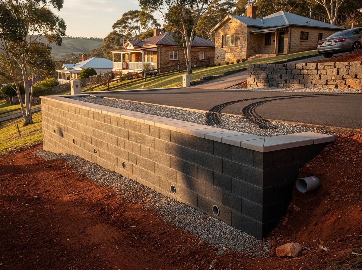 A finished core-filled besser retaining wall holding a cut driveway on a steep Stirling block, drained at the base