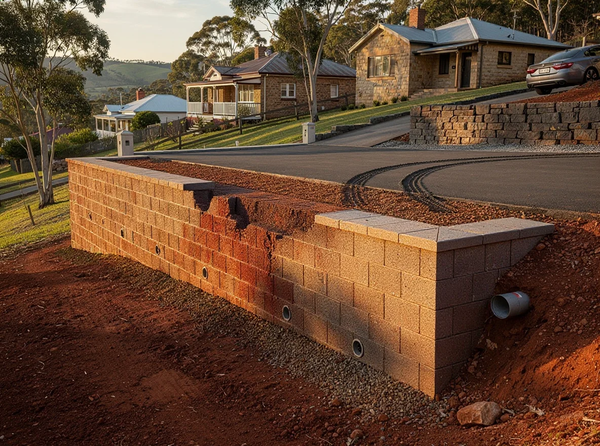 The same Stirling cut-driveway before, with an old bulging and cracked besser wall failing along the cut