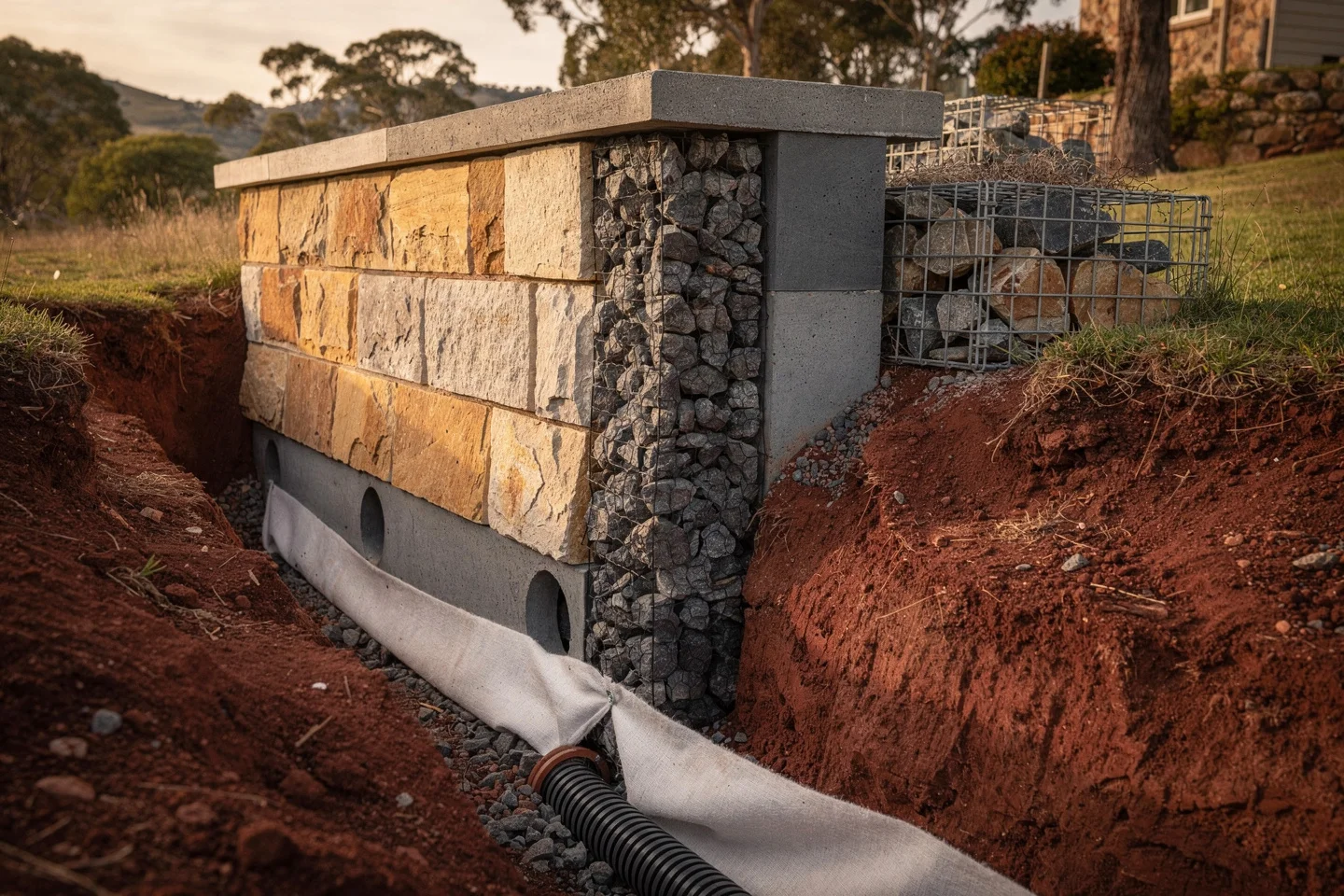 An ag-pipe wrapped in geofabric with free-draining aggregate behind a retaining wall, weep holes through the base course
