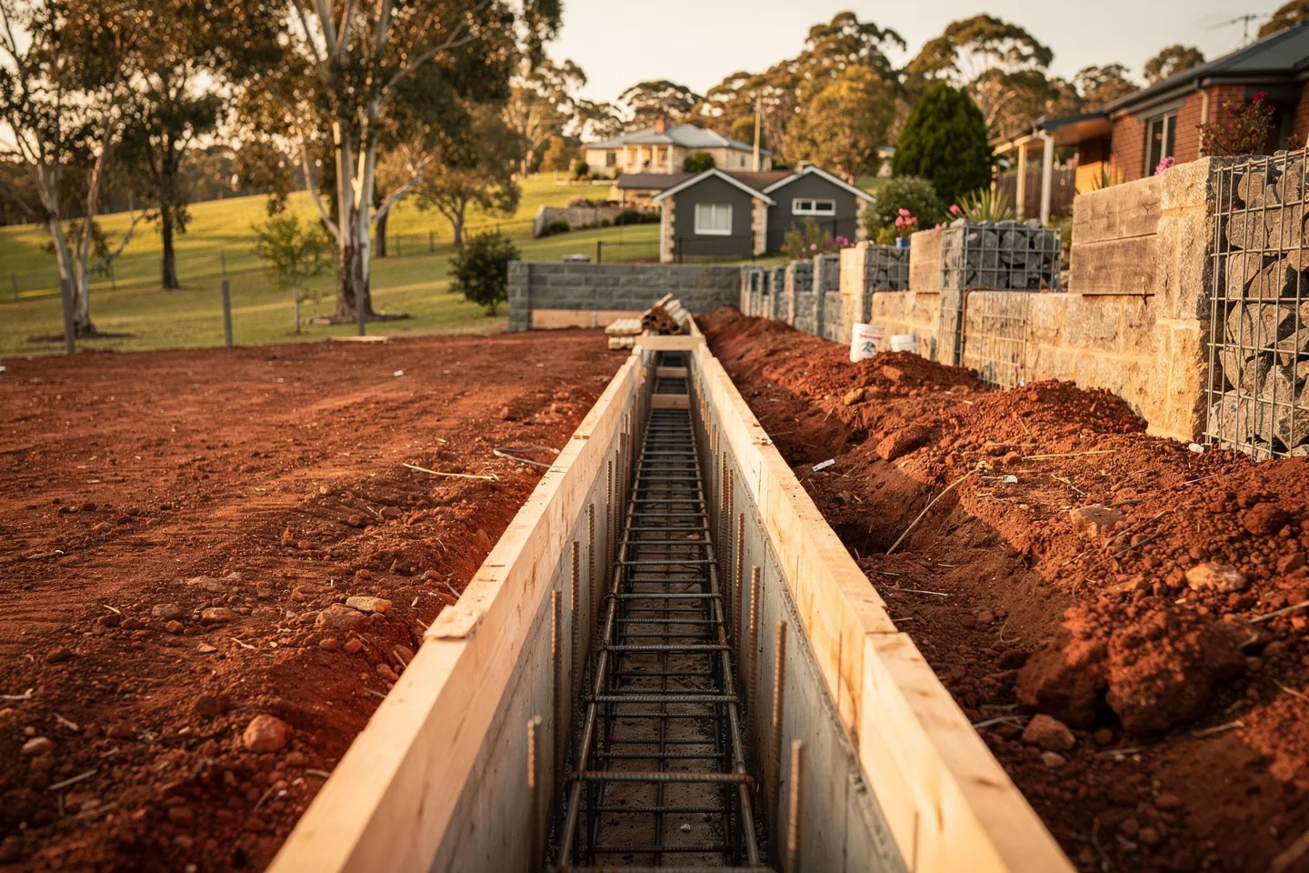An engineer-designed reinforced concrete footing trench with steel reo cage and starter bars set ready for the pour